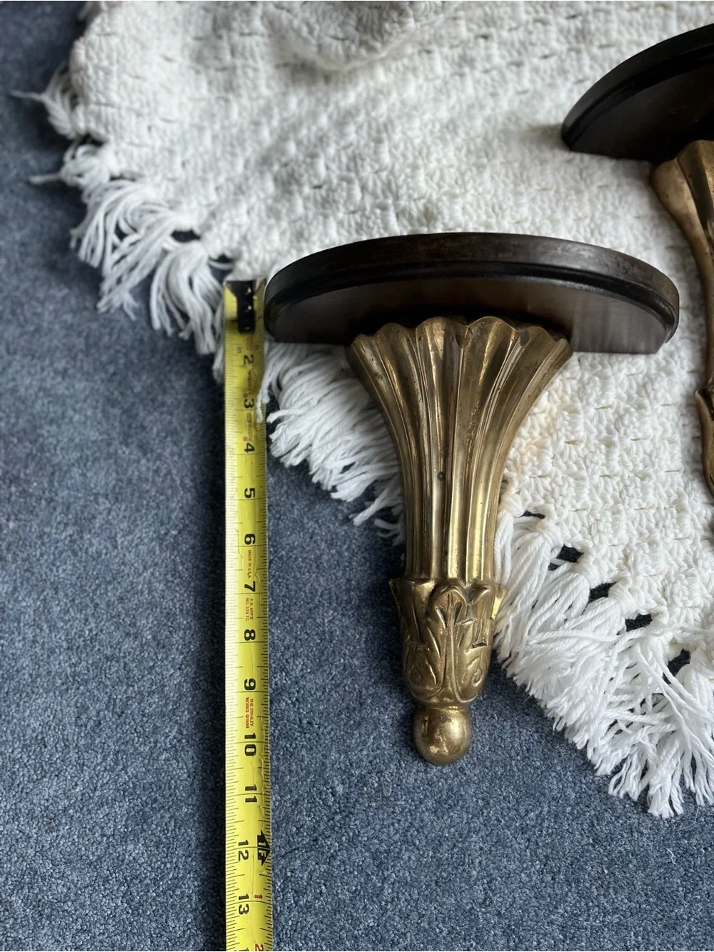Ornate Vintage Brass and Dark Wood Wall Shelf Brackets - Pair
